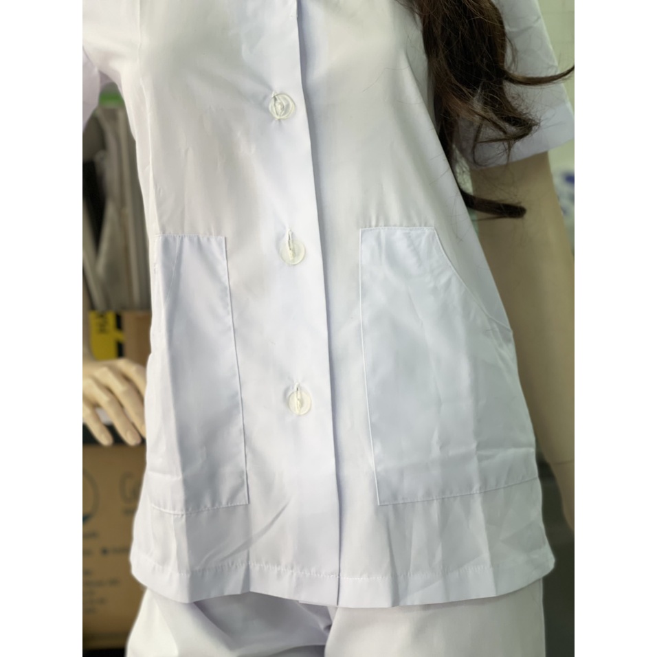 Combo 5 Áo Blouse Trắng Nữ Điều Dưỡng Ngắn Tay - Áo Bác Sĩ, Dược Sĩ Tặng 10 Set Khẩu Trang KF94