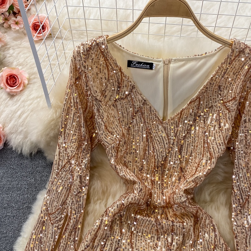 Đầm cổ V dài tay ôm body, váy đính sequin sang chảnh dự tiệc Đ929