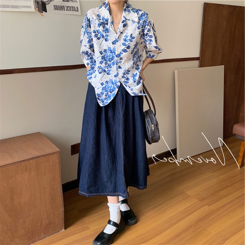 Hong Kong style floral bubble short-sleeved shirt women's summer loose thin design western style retro jacket