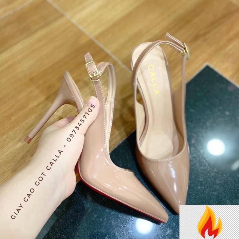 giày nude bít mũi dây quai hậu hở gót cao 9-11-12cm - giày cao gót Calla -&(B5
