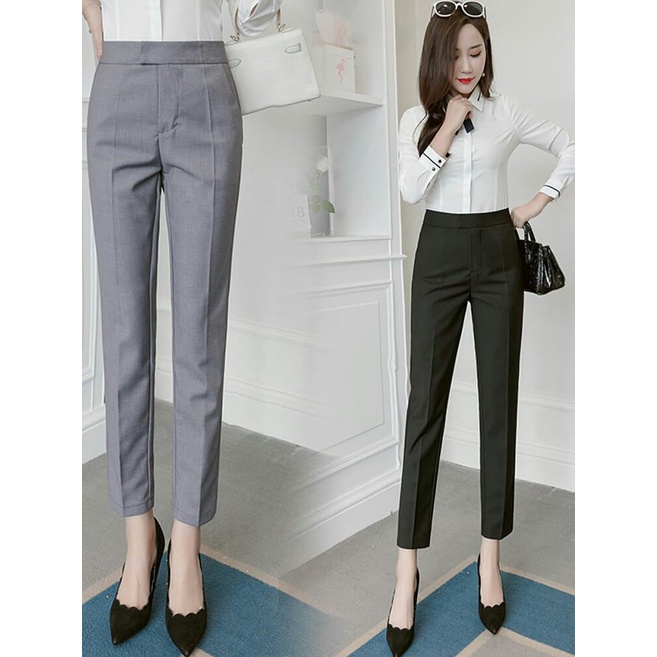 Quần tây nữ công sở lưng cao dáng ống đứng vải 2 biên cúc lệch cao cấp - Quần âu nữ cạp cao công sở sinh viên