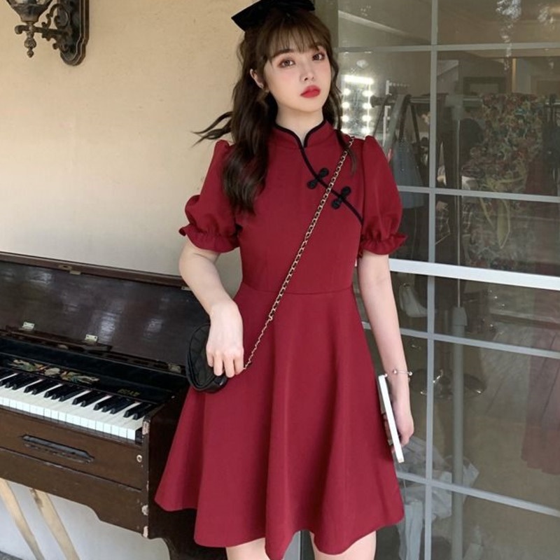 Đầm Sườn Xám Cách Tân Tay Ngắn Dáng Ôm Cài Nút Thời Trang