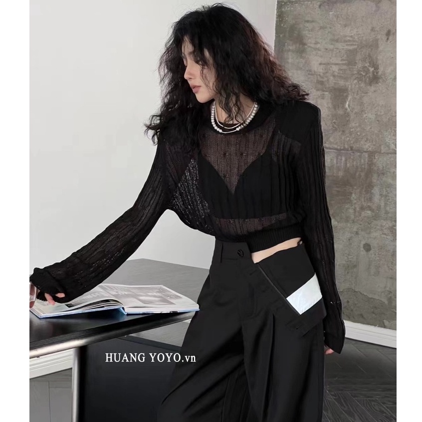 Áo len dệt kim kumikumi tay dài cổ tròn khoét lỗ gợi cảm phong cách Hàn Quốc cho nữ