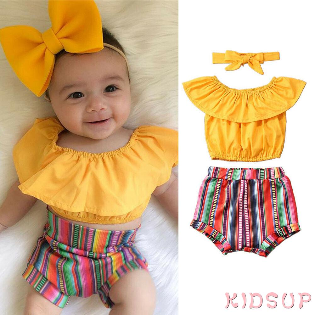 Set Áo Croptop Trễ Vai + Chân Váy Kẻ Sọc Cho Bé Gái 1-6 Tuổi