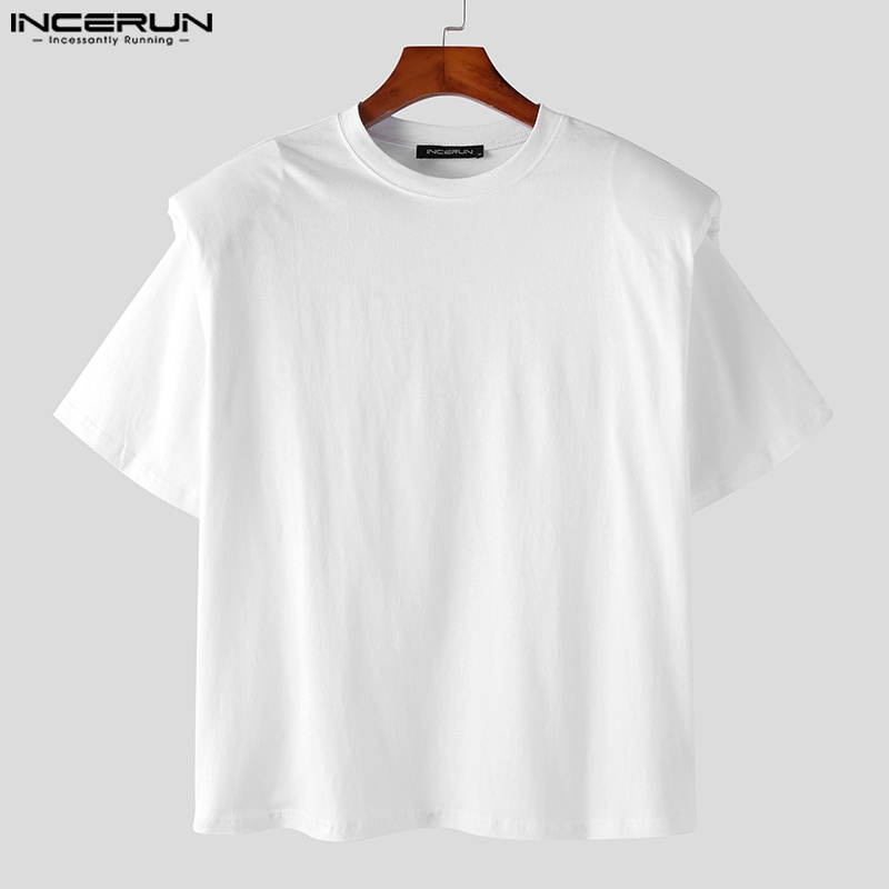 Áo thun INCERUN trơn màu tay ngắn cổ tròn dáng rộng đơn giản cho nam