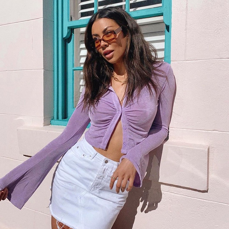 Áo sơ mi croptop tay loe xếp ly, Áo sơ mi kiểu (Xanh bơ - Tím - Đen)