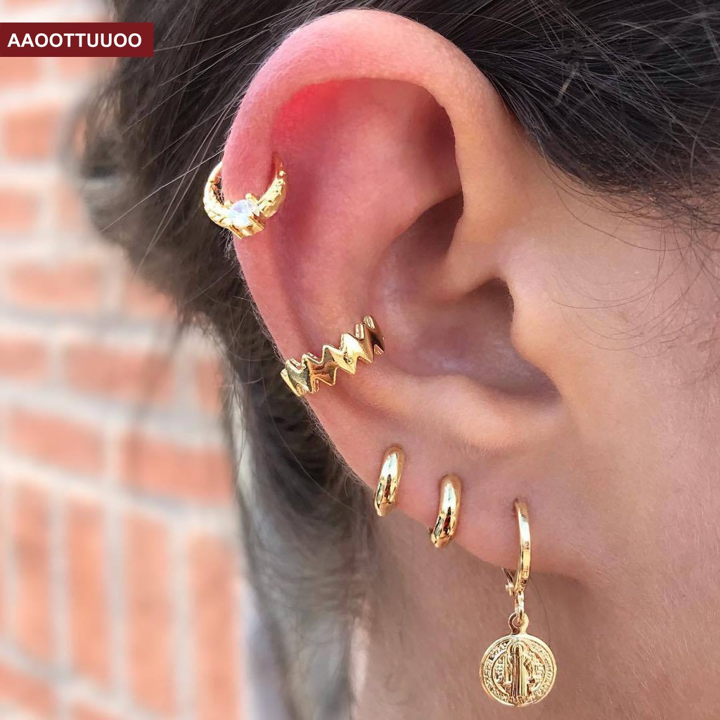 Set 5 Khuyên Tai Tròn Mạ Vàng Thời Trang Cho Nữ