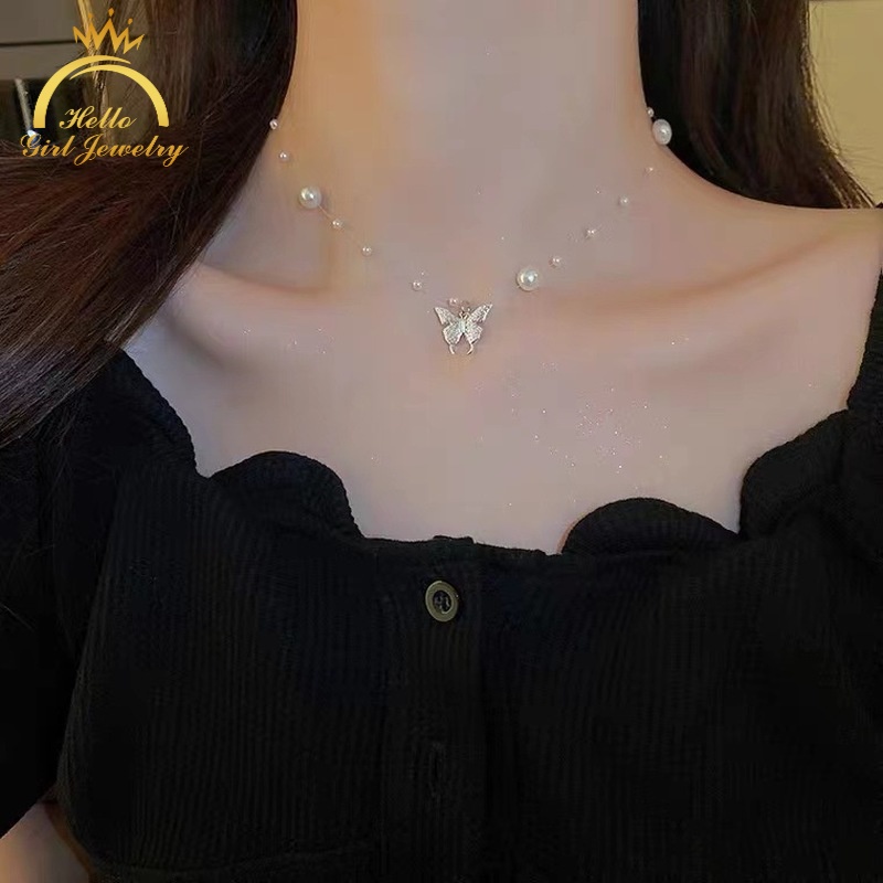 Vòng cổ Mặt Hình Bướm Hello Kitty Đính Ngọc Trai Cao Cấp Sang Trọng