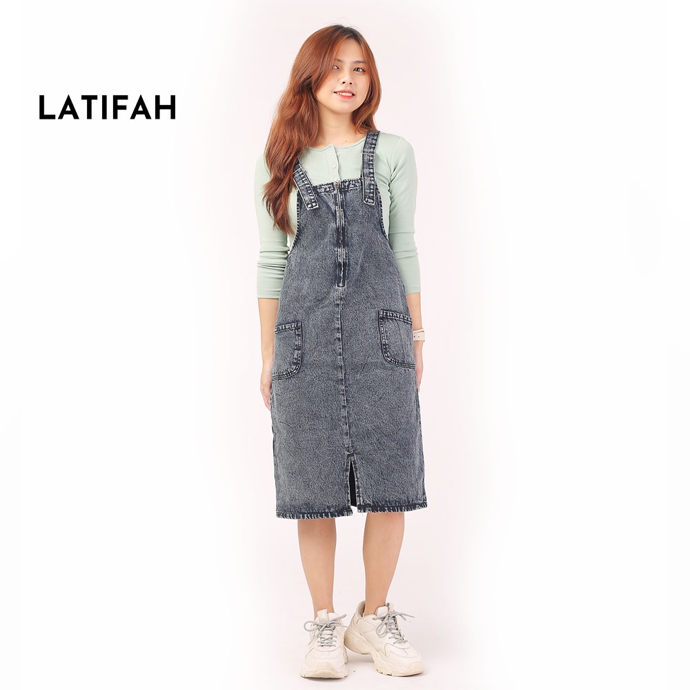 [Mã BMBAU50 giảm 7% đơn 99K] Yếm váy jean dây kéo LATIFAH form dài qua gối YJ014 phong cách trẻ trung năng động