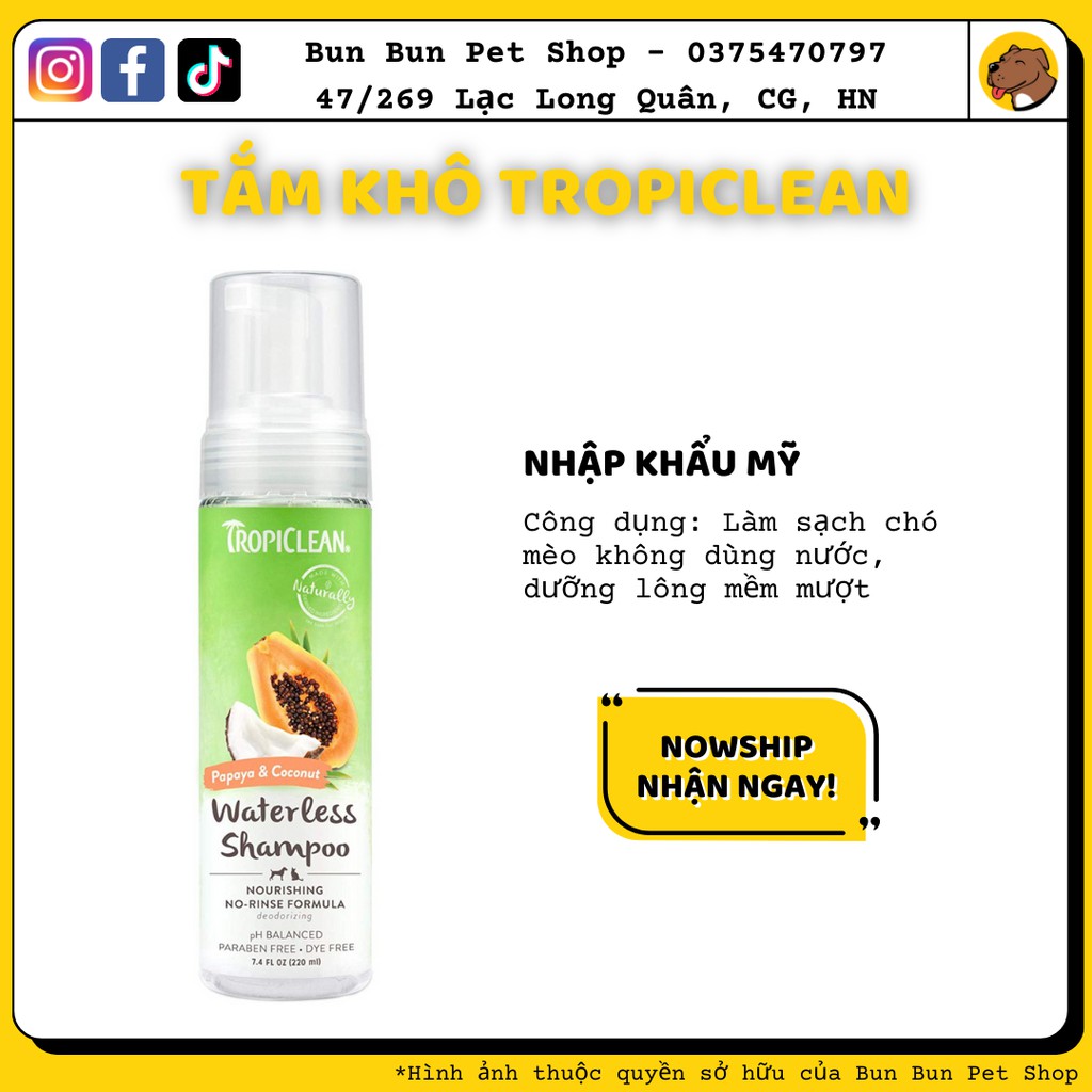 Sữa tắm khô cho chó mèo Tropiclean mùi đu đủ