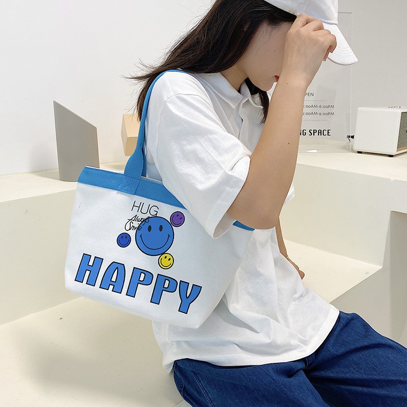 Túi Đeo Vai Vải canvas In Hình Mặt Cười Thời Trang Cho Nữ