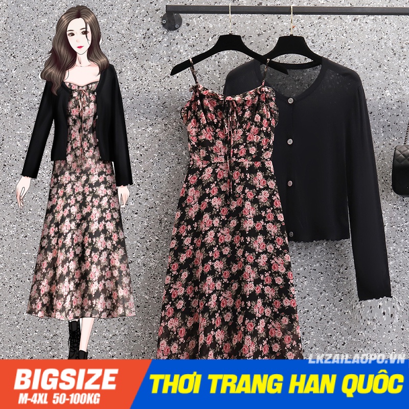 Sét bộ đồ nữ Bigsize Áo sweater dệt kim cardigan tay dài cổ tròn kết hợp Đầm 2 dây hoa nhí dáng dài chữ a mùa xuân Phong cách Hàn Quốc Thời Trang đi Chơi sang chảnh cá tính quảng châu cao cấp