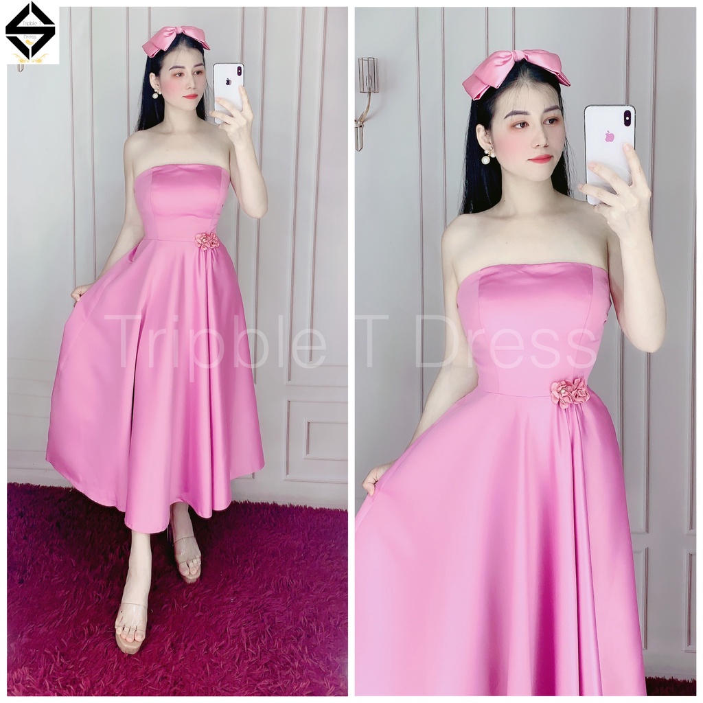 Đầm xoè cúp ngực phối hoa eo chất lụa taffeta sang trọng TRIBLE T DRESS - size M/L - MS241V