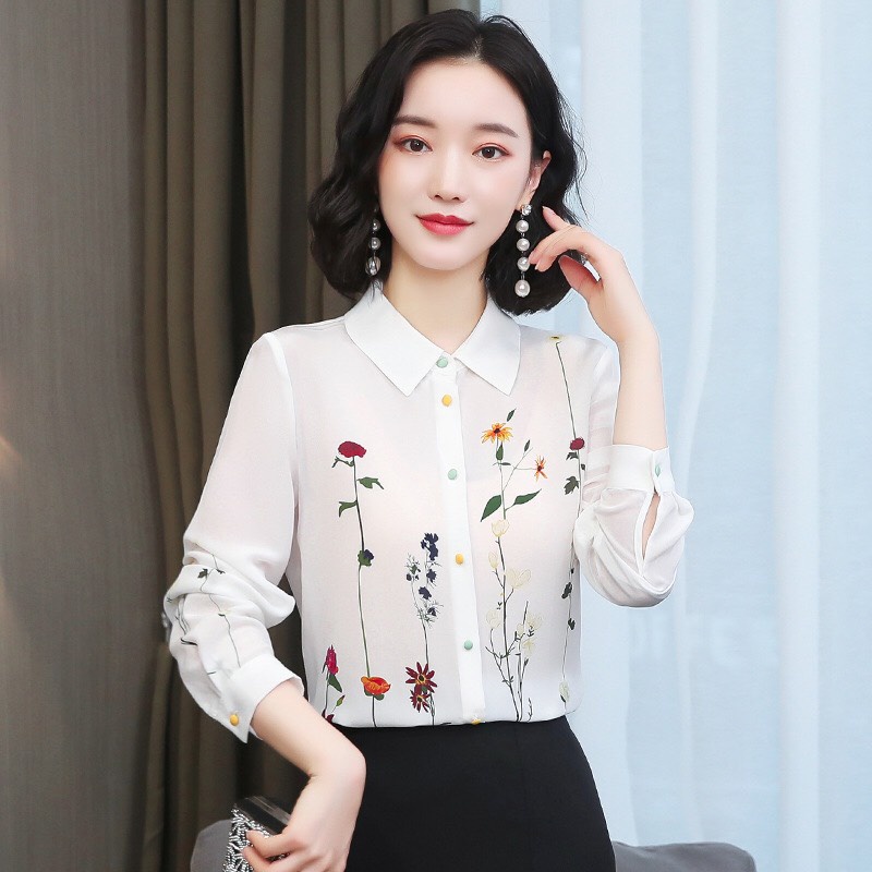 Áo Sơ Mi Nữ Tay Dài Công Sở Phối Họa Tiết Hoa Lá Siêu Xinh Chất Liệu Cao Cấp, Không Nhăn, Không Xù, Không Phai Màu
