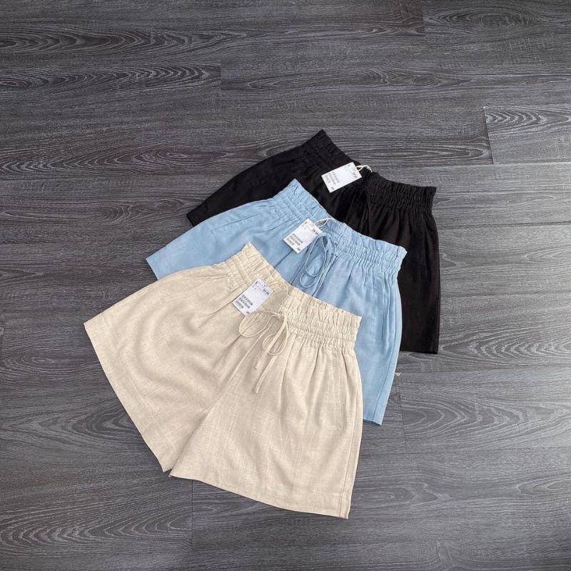 Quần short ngắn H&M xuất xịn lưng cao linen đũi lưng thun thắt nơ màu vàng kem, xanh da trời
