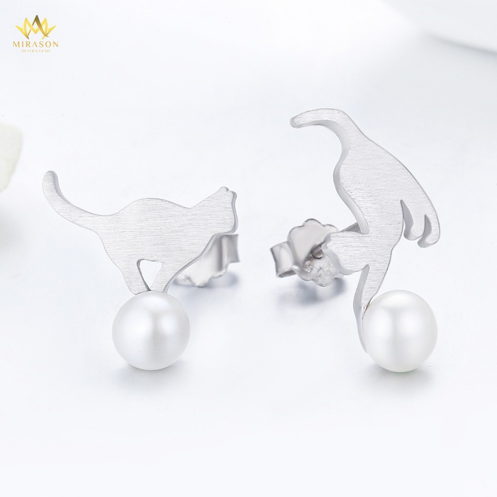 Khuyên Tai Bạc Nữ MIRASON Mèo Chơi Đùa Cùng Hạt Trai Nhân Tạo Dễ Thương MBT134 - Bông Tai Nữ Bạc 925 Cao Cấp