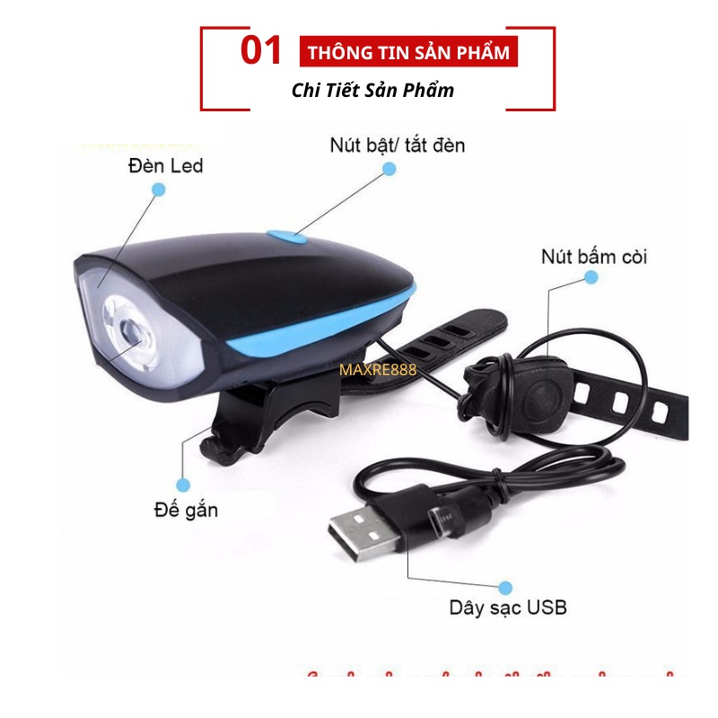 Đèn xe đạp thể thao siêu sáng có còi pin sạc usb led T6 chống nước loại cao cấp nhất