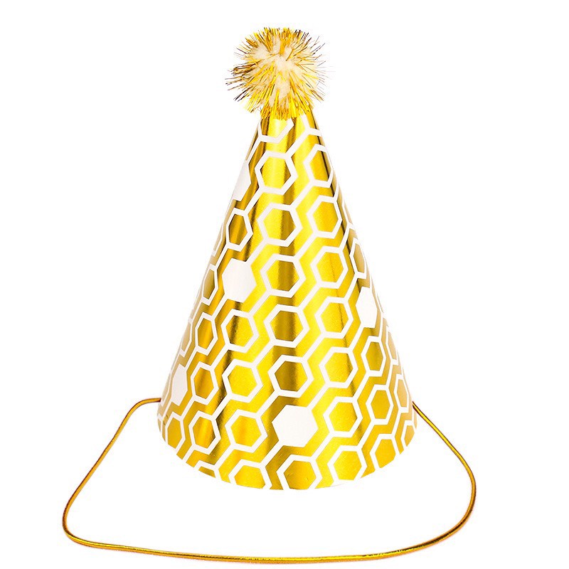 10 mũ sinh nhật gắn quả bông ép kim-11x17cm