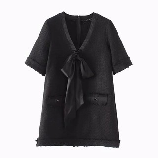 Đầm ZARA dạ thô đen nơ lụa sang chảnh