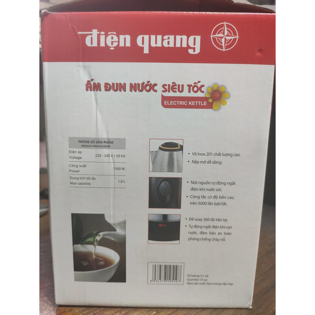 Ấm đun nước siêu tốc Điện Quang - Công suất 1500W - Dung tích 1.8L - INOX 201 ( Mã model EKT06 1518 BL. Bảo hành 1 năm)