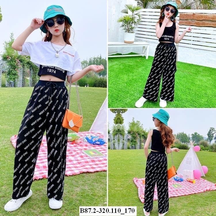 Set 3 món áo croptop quần ống rộng thời trang bé gái