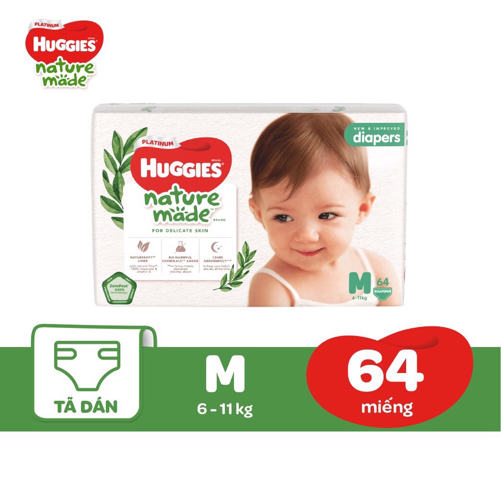 Tã Dán Huggies Platinum Nature Made Size NB60 S82 M64 L54 XL44.....