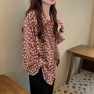 Áo sơ mi blouse voan hoa đỏ