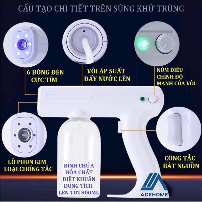 Máy khử khuẩn Nano cầm tay Atomizer, Súng phun xịt khử trùng diệt khuẩn tia UV cao cấp, an toàn, tiện lợi