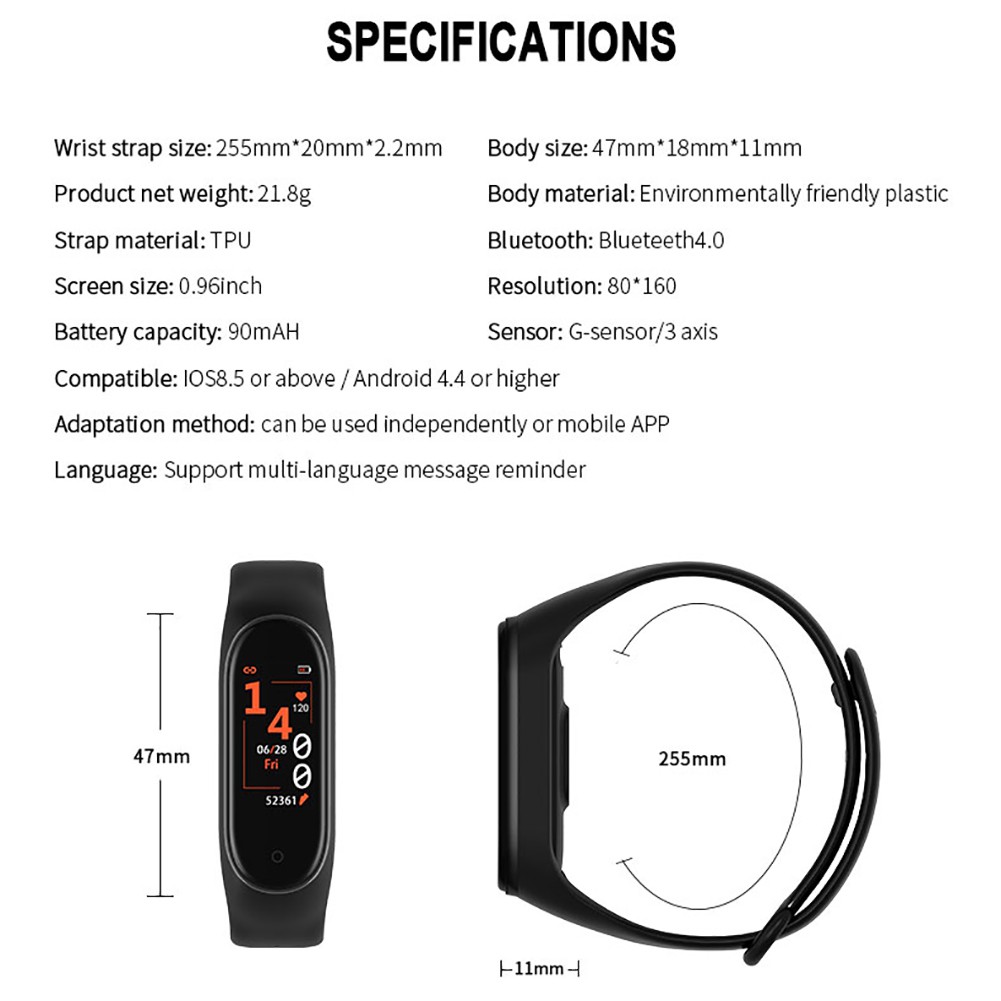 Heart Rate Blood Pressure Sleep Monitoring Sports Watch for M4 Smart Bracelet