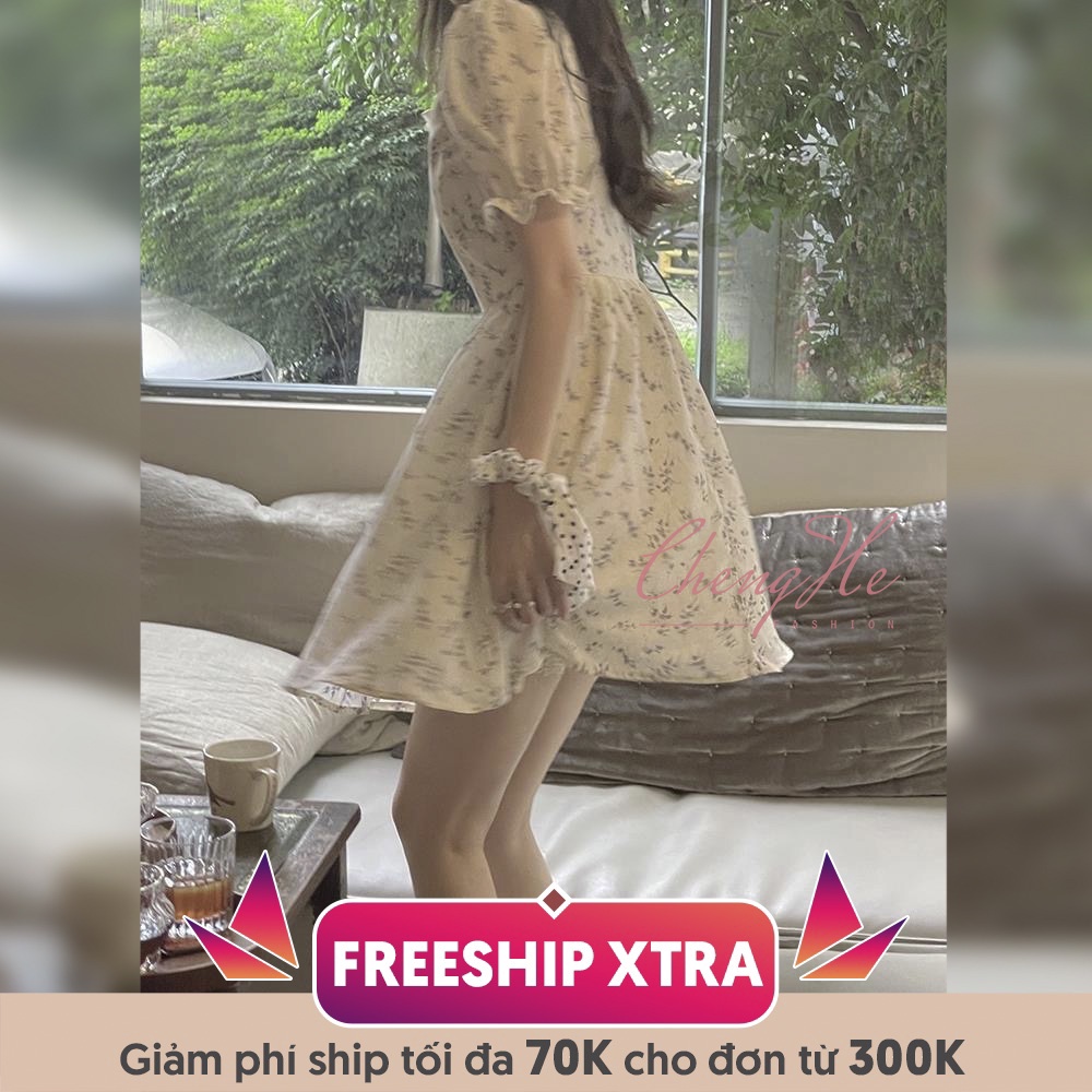 Váy/đầm xòe dáng ngắn họa tiết hoa nhí thắt nơ dễ thương dáng dài Vintage tiểu thư nữ tính V00091