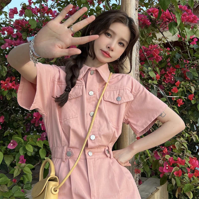 Đầm denim Tay Ngắn Cổ Sơ Mi Phong Cách Hàn Quốc Thời Trang Cho Nữ