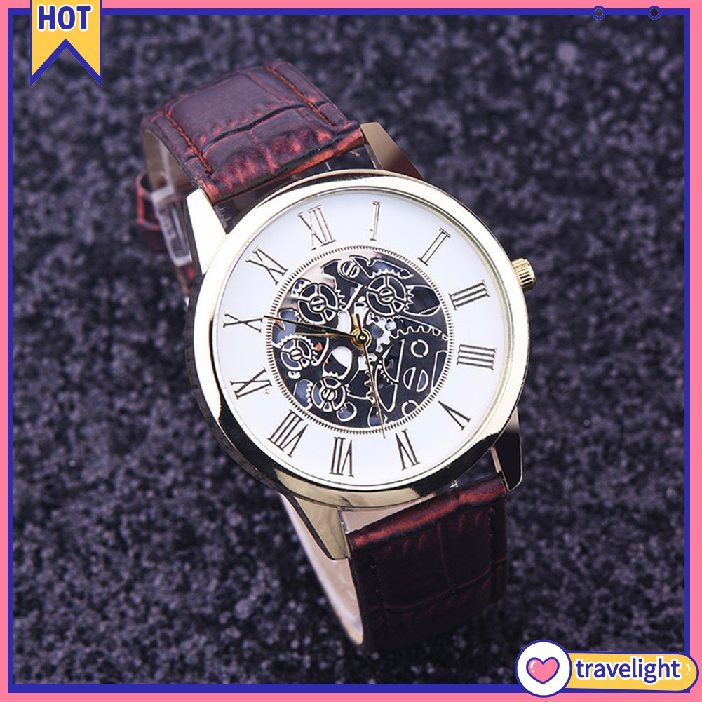 (Travelight) Đồng hồ đeo tay bộ máy quartz mặt hình tròn họa tiết cơ học rỗng dây đeo bằng da giả thời trang cho nam