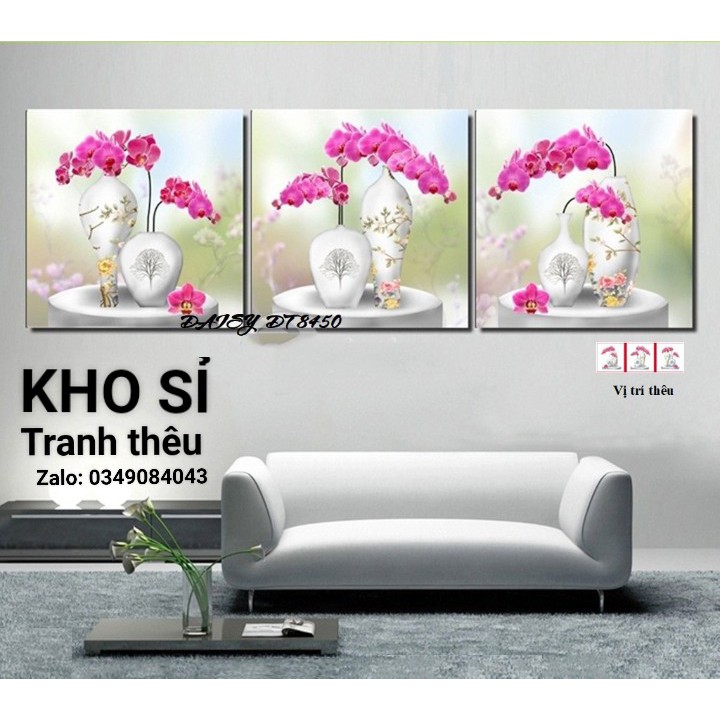 TRANH THÊU 3 BÌNH HOA DT8450 (146X50)