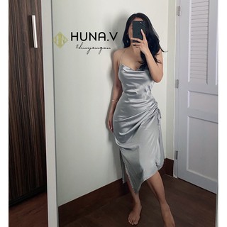 Đầm Lụa Cổ đổ rút xẻ tà 2 bên