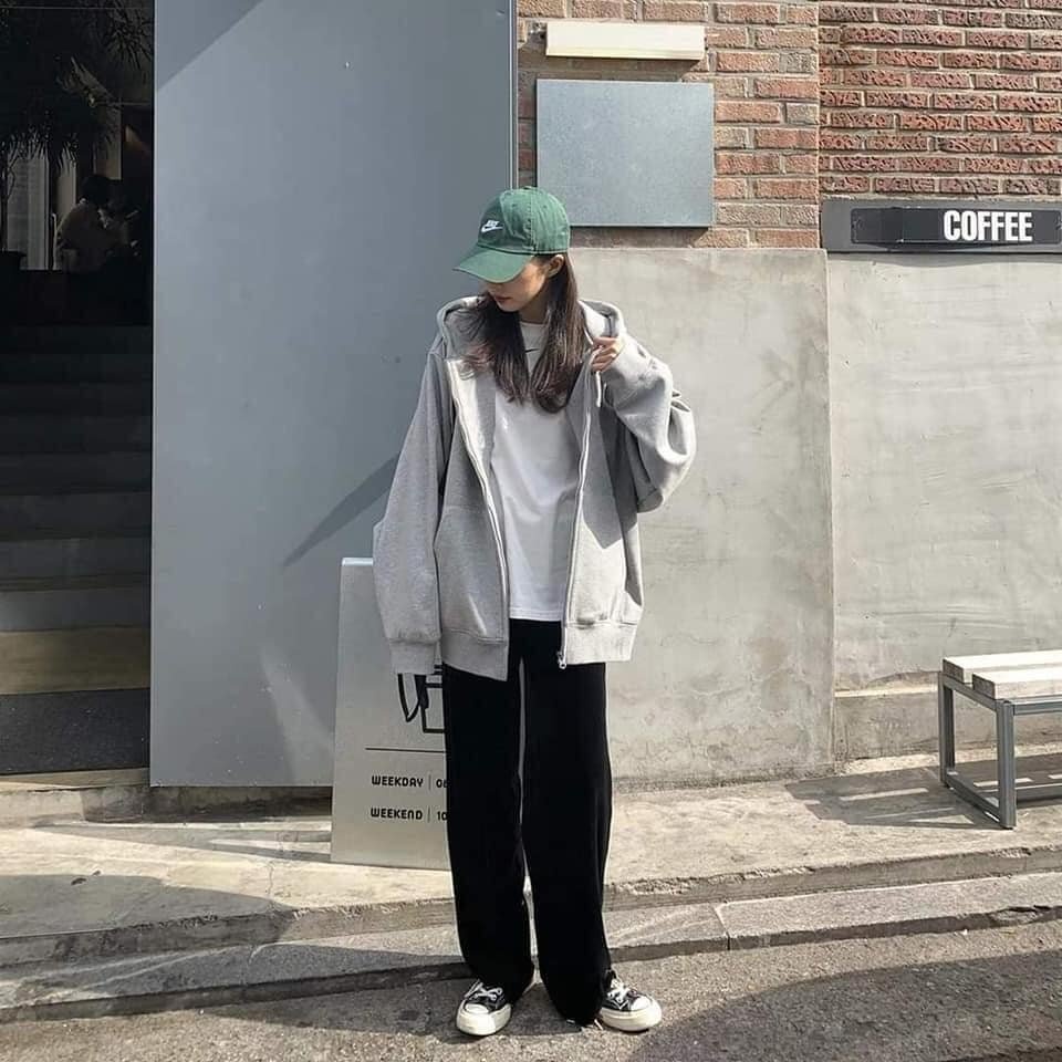 ÁO KHOÁC NỈ TRƠN OVERSIZE TAY PHỒNG - HOODIE Nỉ KHOÁC ZIP XÁM Dày Dặn Nam Nữ Form Rộng