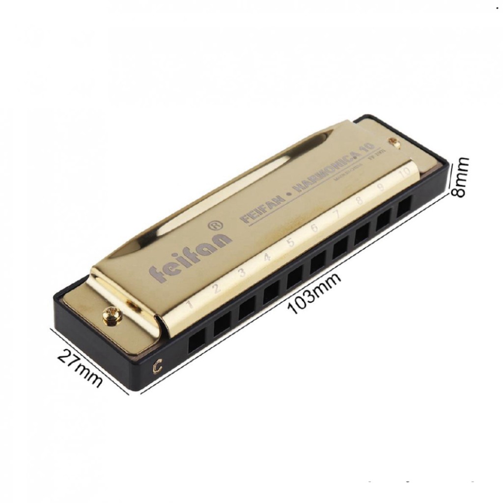 Kèn Harmonica 10 lỗ mạ vàng kèm phụ kiện