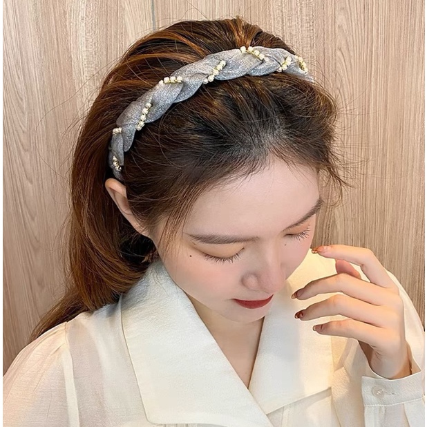 Bờm Tóc Bện Tết Bản Nhỏ Đính Hạt Trai Tiệm Thêu Việt Chất Liệu Voan
