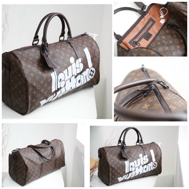 Du lịch LV chữ Louis Vuitton kèm quai đeo + tag móc quai lót vải thô kèm code sz50cm