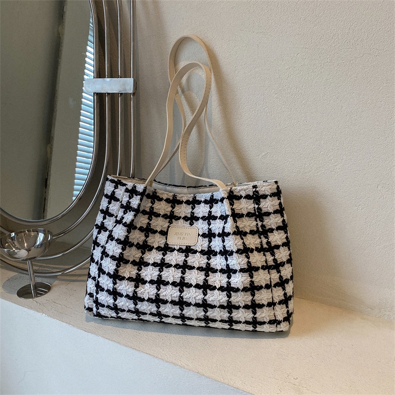 Túi Xách Đan Len Họa Tiết Sọc Caro Phong Cách Retro Thời Trang Cho Nữ