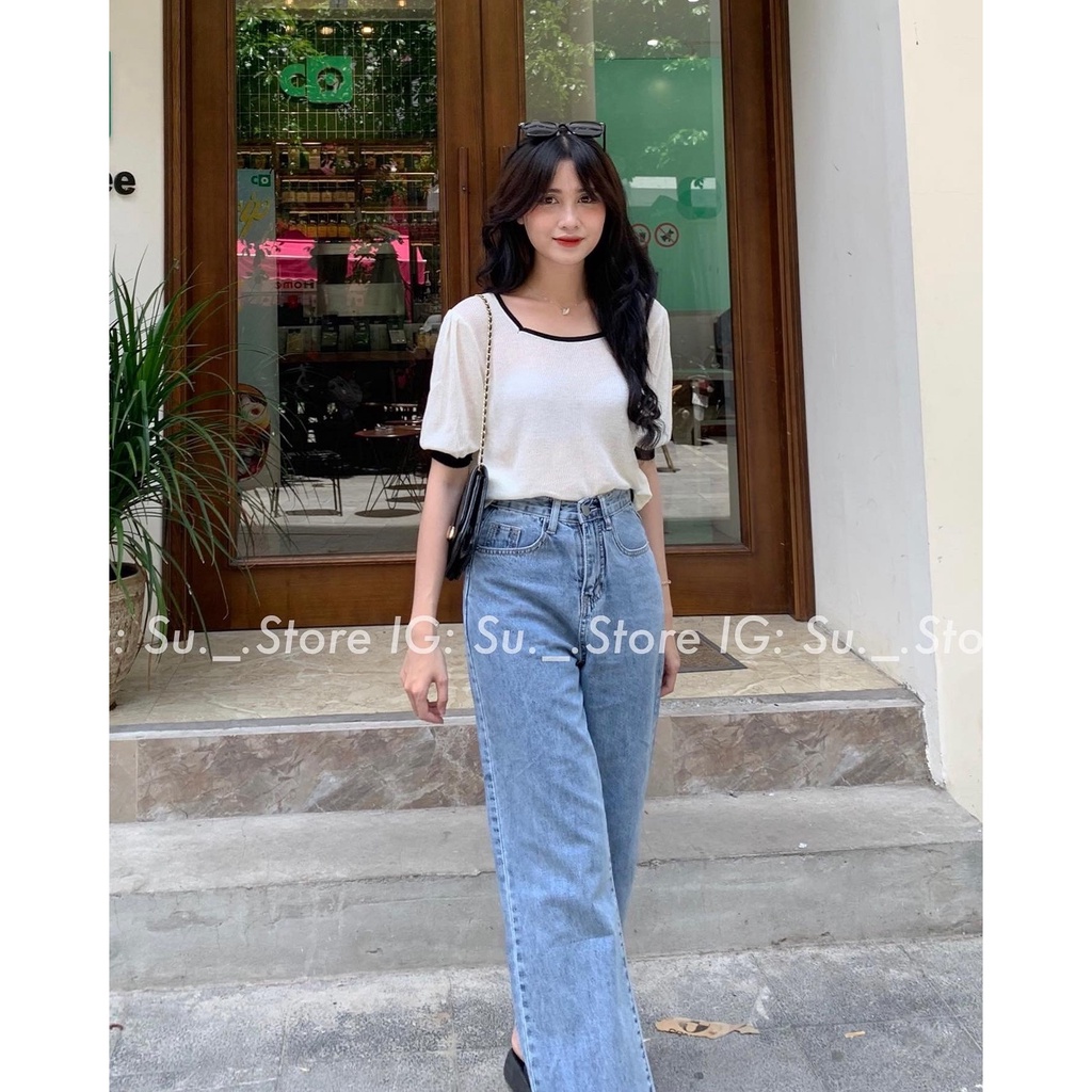 Áo len mongtoghi cộc tay cổ vuông pha viền A2385 SUSTORE