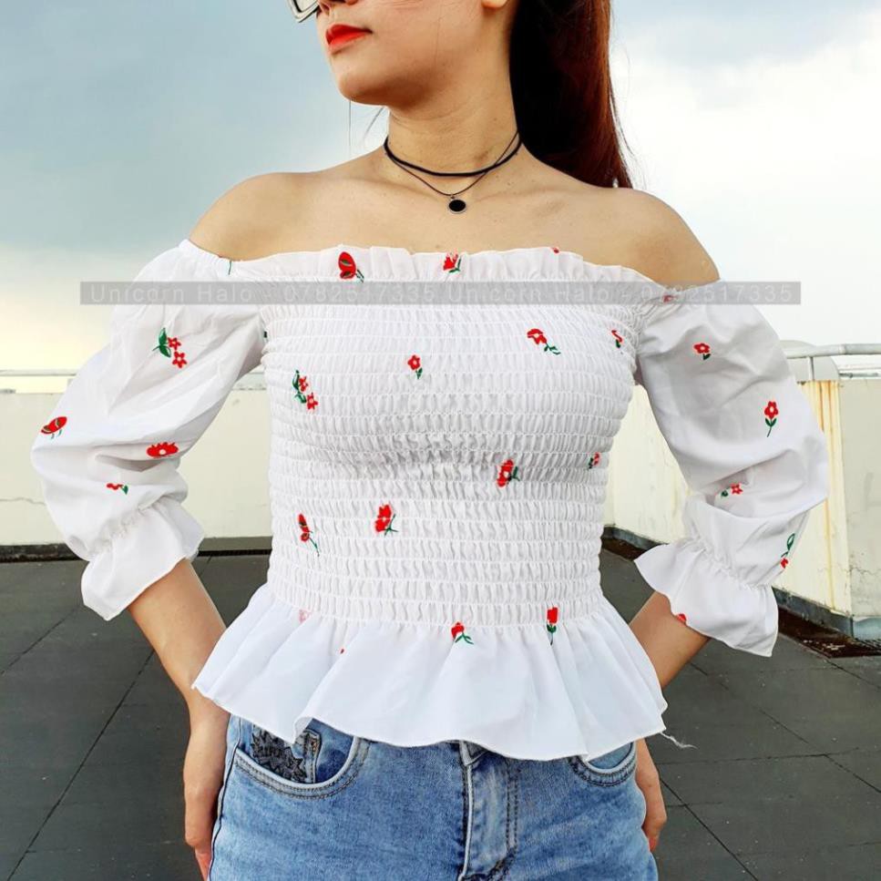 [Ảnh Thật] Áo Trễ Vai Hoa Nhí Tay Bồng Dài Croptop Bẹt Vai Tay Rời Bo Nhún Trắng / Đen Siêu Hot AK002  ཾ  ྇