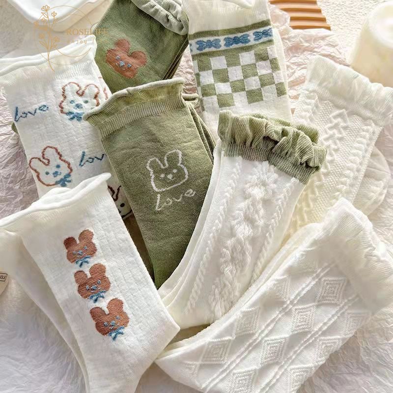 1 Đôi Tất Cotton Ngang Bắp Chân In Họa Tiết Thỏ Hoạt Hình Phối Ren Trắng Xanh Lá Thời Trang Mùa Thu Cho Nữ
