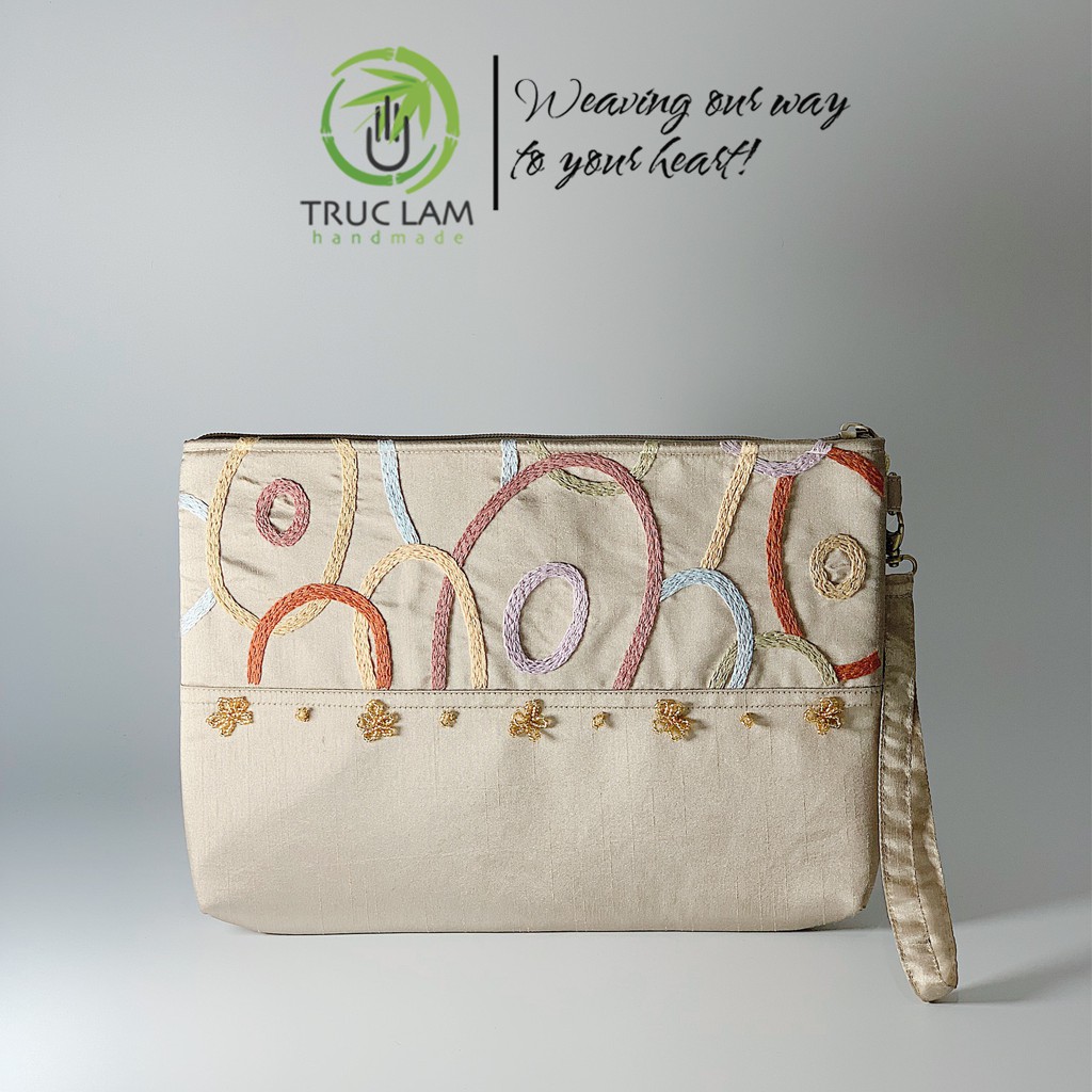 Ví Cầm Tay Đựng Ipad Clutch Thêu Móc Xích Đính Hạt Cườm Vải Tafta Cỡ To - Trúc Lâm Handmade