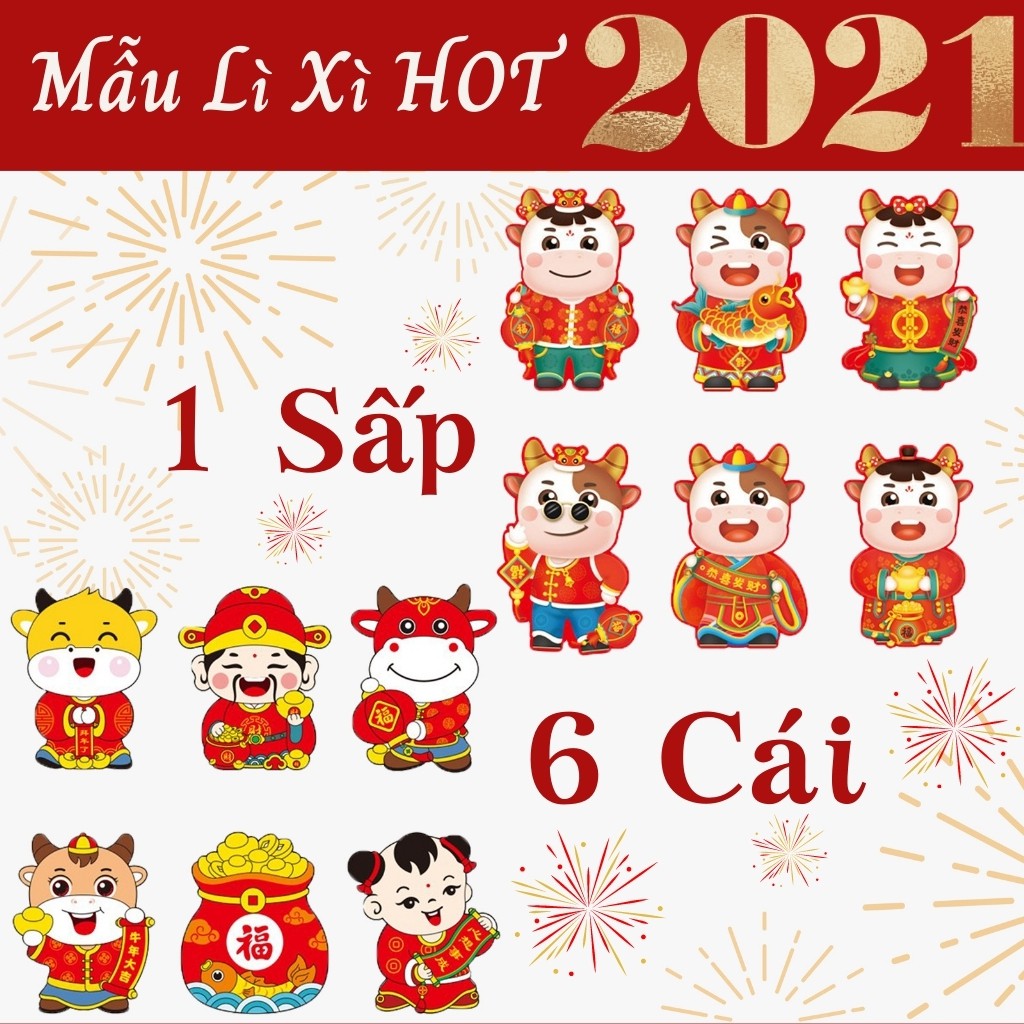 Bao Lì Xì 2021 Tân Sửu Chibi Giấy Cứng 6 Cái