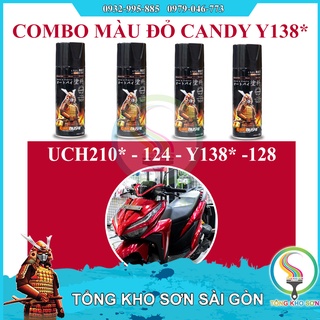 Combo sơn xịt samurai đỏ candy y138 - lót uch210 - nền 124 - bóng 128