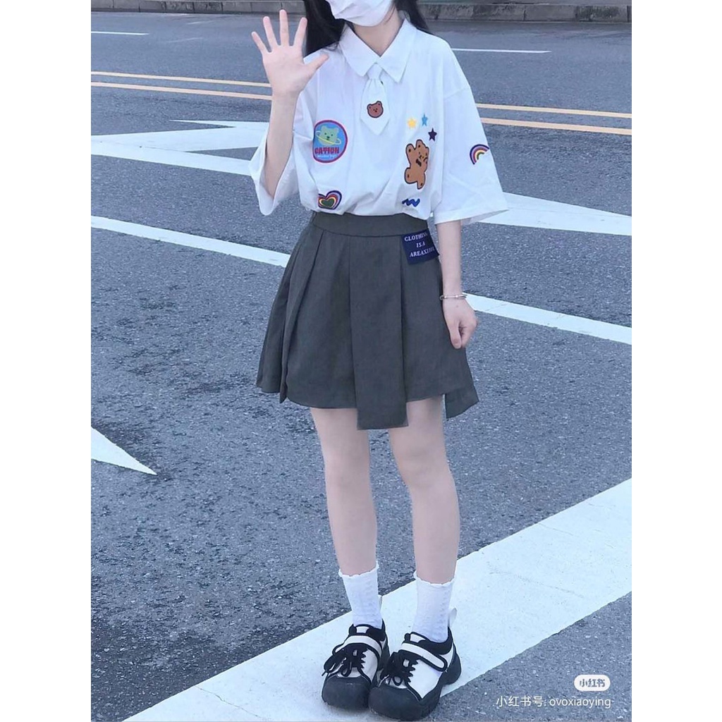 "Bộ đồ hai mảnh" sinh viên mùa hè Hàn Quốc rộng rãi dễ thương gấu POLO cổ áo thun ngắn tay + chân váy đen