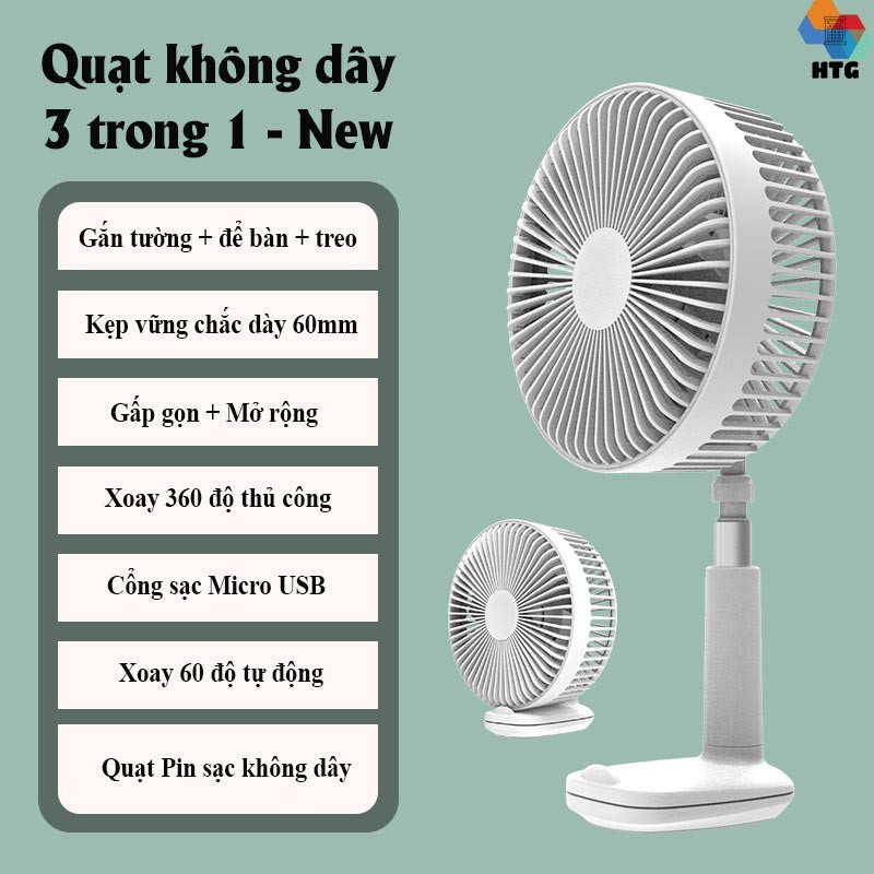 Quạt không dây 3 trong 1 mini để bàn, kẹp và gắn tường thế hệ mới, hàng chính hãng