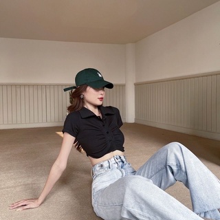 Áo croptop cổ sơ mi nhún thân áo