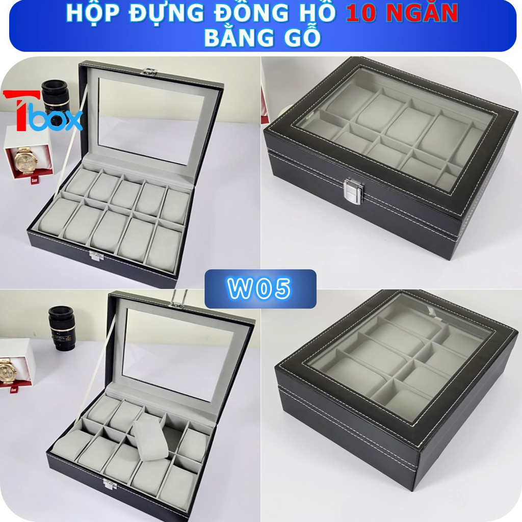 Hộp đựng Đồng hồ da nhiều ngăn Hộp Đồng hồ hộp da cao cấp, lớp trong bọc nỉ, khóa chốt chắc chắn, mặt trên kính nhựa