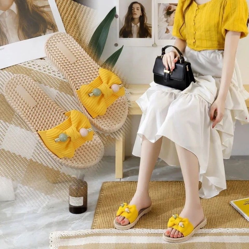 Dép Quai Ngang Đính Nơ Phong Cách Hàn Quốc Thời Trang Hè Thu Xinh Xắn Cho Nữ